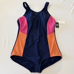 NWT Lands' End Womens Sz Large 14 16 One Piece Swimsuit Navy Pink Orange UPF 50